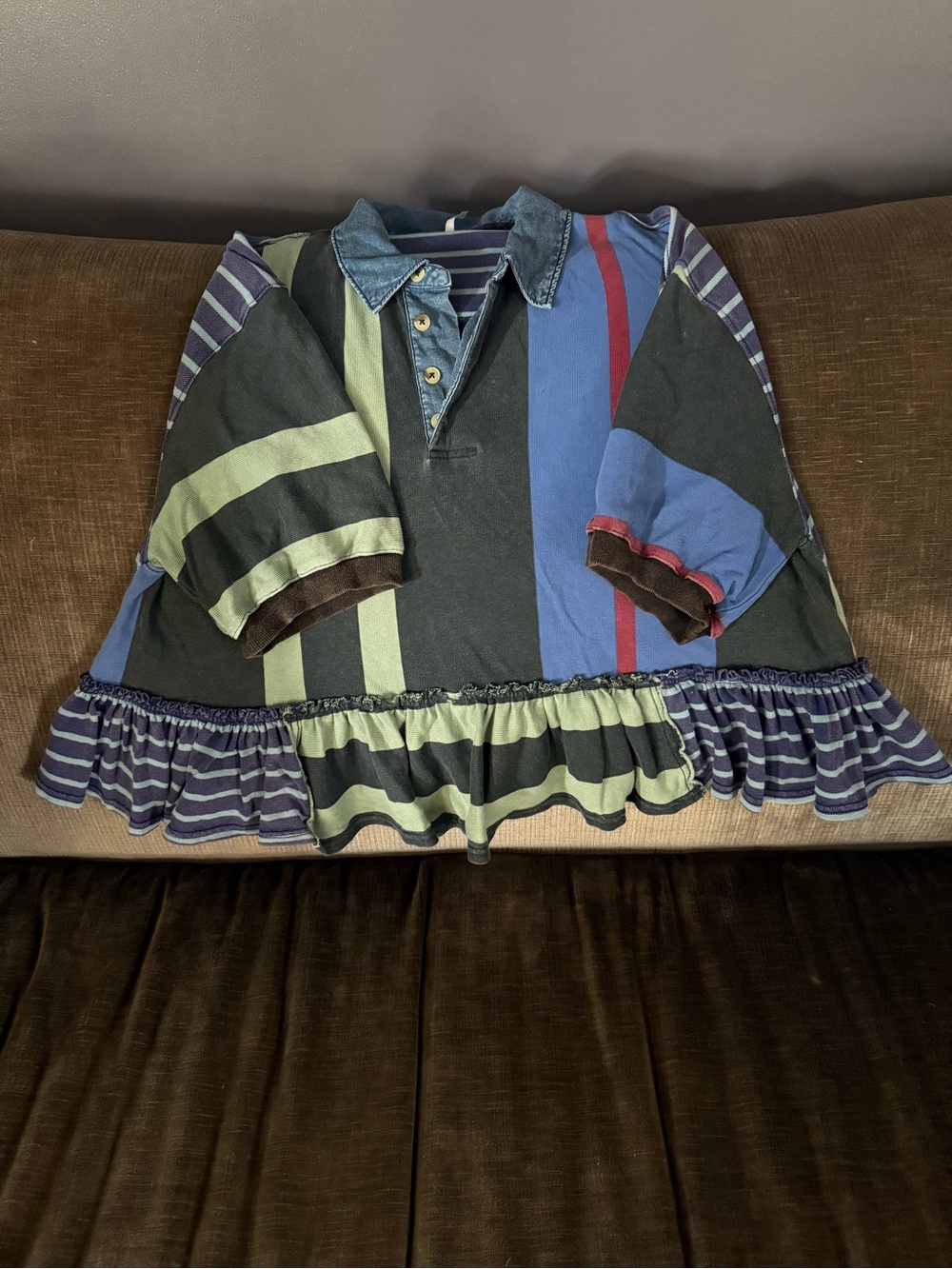 Free People Harbor Multi-Stripe Ruffle Polo Top - Blue/Green. EXCELLENT